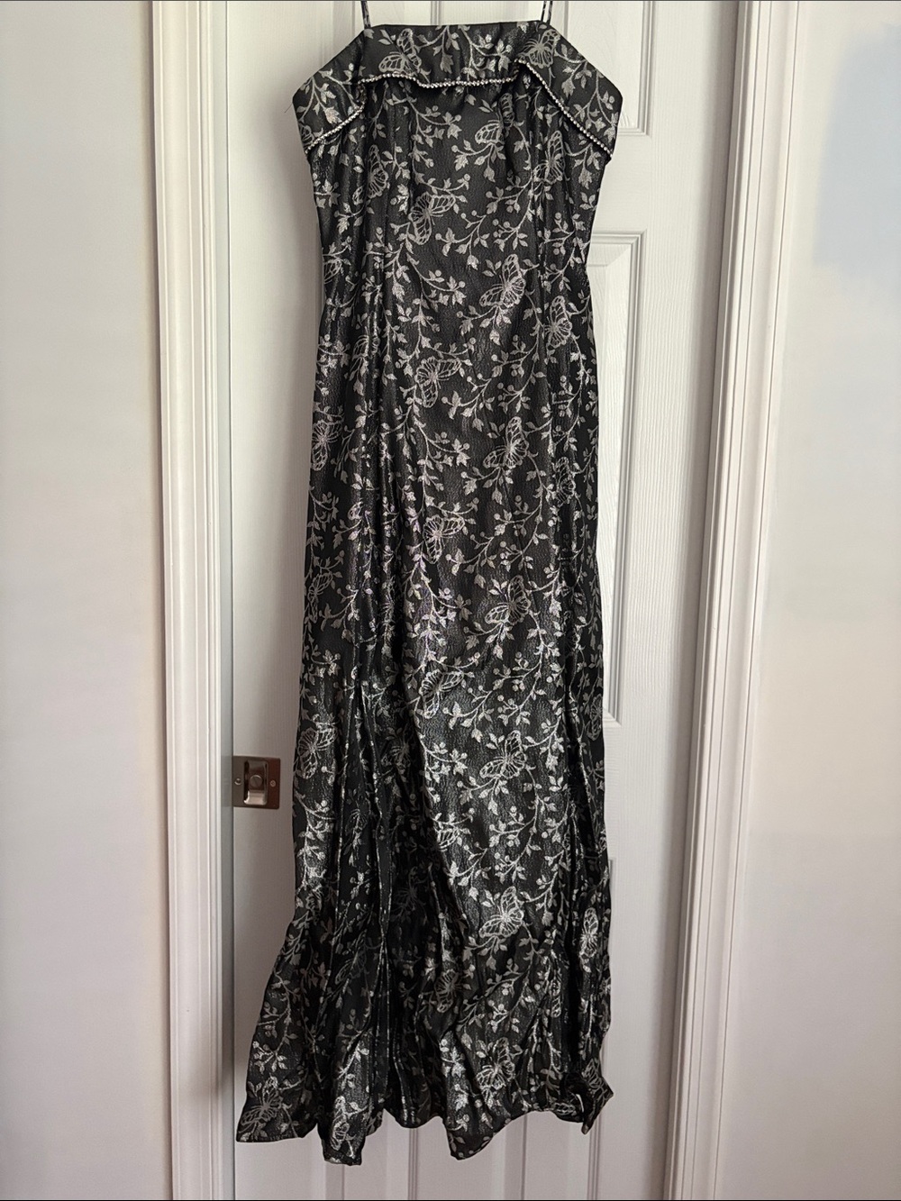 Bari Jay Black Maxi Slip Dress with Silver Floral and Butterfly Print